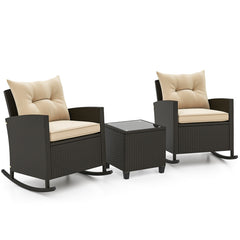 3-Piece Patio Rattan Roker Chairs with Tempered Glass Table and Soft Cushions