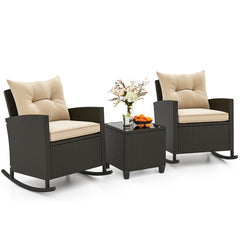 3-Piece Patio Rattan Roker Chairs with Tempered Glass Table and Soft Cushions