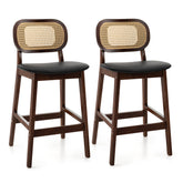 Wood Bar Chairs with Rattan Backrest Padded Seat and Footrest