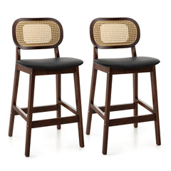 Wood Bar Chairs with Rattan Backrest Padded Seat and Footrest