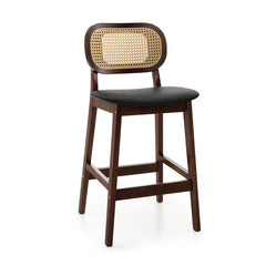 Wood Bar Chairs with Rattan Backrest Padded Seat and Footrest