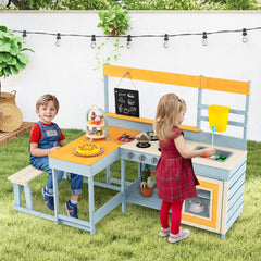 Fir Wood Play Kitchen with Kids Picnic Table and Built-in Bench