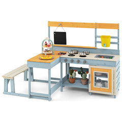 Fir Wood Play Kitchen with Kids Picnic Table and Built-in Bench