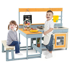 Fir Wood Play Kitchen with Kids Picnic Table and Built-in Bench