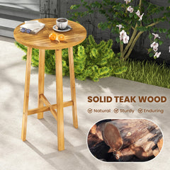 24 Inch Teak Wood Round Bar Table with Footrest for Indoors Outdoors