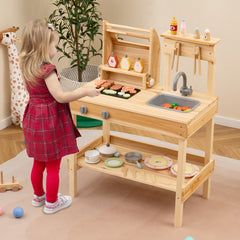 Wooden Barbecue Grill Playset with Play Food and Open Shelves