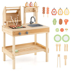 Wooden Barbecue Grill Playset with Play Food and Open Shelves