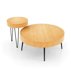 Set of 2 Boho Round Coffee Table with Solid Pine Wood Top and Metal Legs