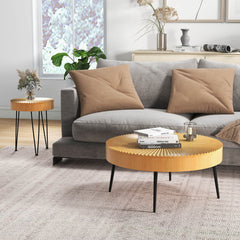 Set of 2 Boho Round Coffee Table with Solid Pine Wood Top and Metal Legs