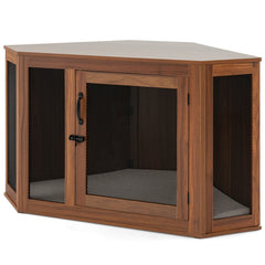 Corner Dog Kennel with Mesh Door and Cushion