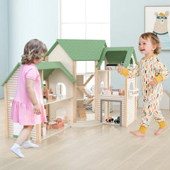 Wooden Corner Dollhouse Playset with 6 Rooms and 36 Pieces for Kids 3+ Years Old