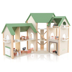 Wooden Corner Dollhouse Playset with 6 Rooms and 36 Pieces for Kids 3+ Years Old