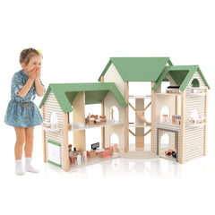 Wooden Corner Dollhouse Playset with 6 Rooms and 36 Pieces for Kids 3+ Years Old