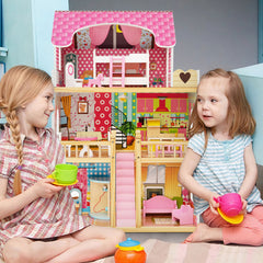 Doll House Playset with 3 Stories and 6 Simulated Rooms and 15 Pieces of Furniture
