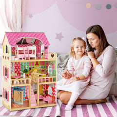 Doll House Playset with 3 Stories and 6 Simulated Rooms and 15 Pieces of Furniture