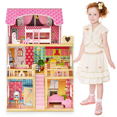 Doll House Playset with 3 Stories and 6 Simulated Rooms and 15 Pieces of Furniture