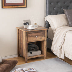 Wooden Nightstand with Slide-out Drawer and Open Shelf