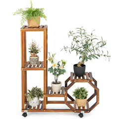 6-Layer Wooden Plant Stand with Wheels for 6 Pots
