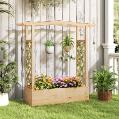Wooden Raised Garden Bed Planter Box with Trellis and Hanging Roof