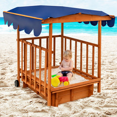 Kids Outdoor Wooden Retractable Sandbox with Cover and Built-in Wheels