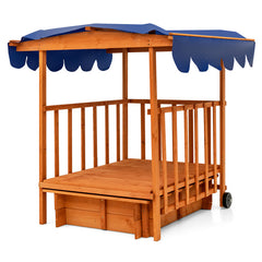 Kids Outdoor Wooden Retractable Sandbox with Cover and Built-in Wheels