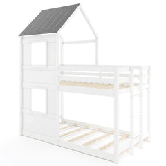 Wooden Twin Over Twin Bunk Bed with Full-length Safety Guardrail and Ladder