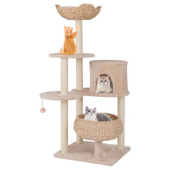 59 Inches Cattail Cat Tower with Sisal Scratching Posts and Soft Hammock