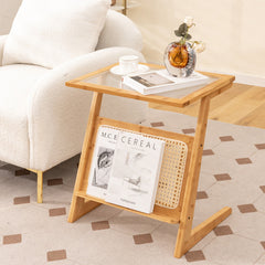 Z-shaped End Table with Magazine Rack and Rattan Shelf