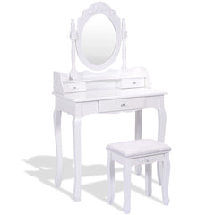 Vanity Table Set with Cushioned Stool with 360° Rotating Oval Mirror and Three Drawers