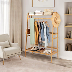 Bamboo Clothing Rack with Storage Shelves In Natural