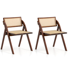 Foldable Dining Chairs Set of 2 with Woven Rattan Backrest