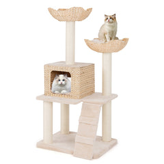 48 Inch Cattail Cat Tower with Sisal Scratching Posts Perch and Condo
