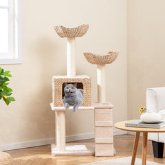 48 Inch Cattail Cat Tower with Sisal Scratching Posts Perch and Condo