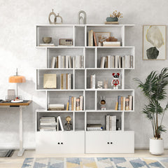 6-Tier S-Shaped Freestanding Bookshelf with Cabinet and Doors