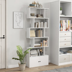 6-Tier S-Shaped Freestanding Bookshelf with Cabinet and Doors