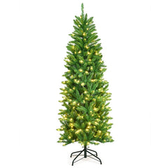 5/6/7 Feet PVC Hinged Pre-lit Artificial Fir Pencil Christmas Tree with 150 Lights