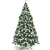 6/7.5/9 FT Pre-lit Snow Flocked Christmas Tree with Red Berries and 8 Lighting Modes