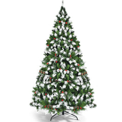 6/7.5/9 FT Pre-lit Snow Flocked Christmas Tree with Red Berries and 8 Lighting Modes