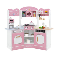 Corner Wooden Play Kitchen with Coffee Machine and Slide for Kids