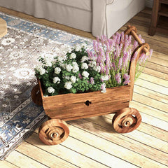 Decorative Wooden Wagon Cart with Handle Wheels and Drainage Hole