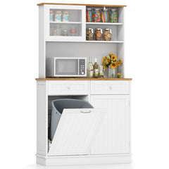 Double Tilt Out Trash Bin Cabinet with Hutch and Rubber Wood Countertop