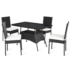 5 Pieces Rattan Dining Set with Glass Table and High Back Chair