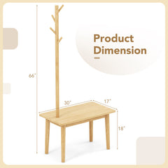 End Table with Coat Rack Solid Wood Coat Tree with 2-in-1 Side Table In Natural