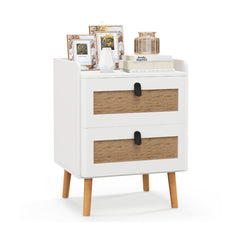 Modern End Table Bedside Table with 2 Rattan Decorated Drawers
