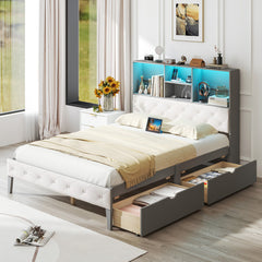 Full Size Bed Frame with Bookcase Headboard and LED Lights