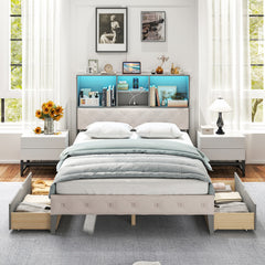 Full Size Bed Frame with Bookcase Headboard and LED Lights