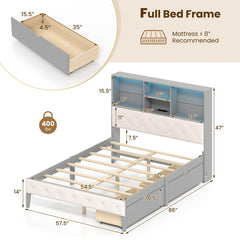 Full Size Bed Frame with Bookcase Headboard and LED Lights
