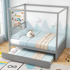 Full Size Canopy Bed Frame with Trundle and Headboard for Kids