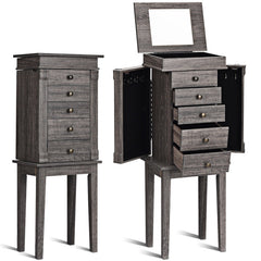 Standing Jewelry Cabinet with 5 Drawers and Top Flip Mirror