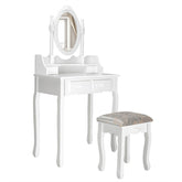Vanity Table Set with Oval Mirror and 4 Drawers and Cushioned Stool